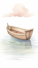 Single object clipart of a small, cute boat gently floating on a river, rendered in pastel colors, portrayed in a charming watercolor style, isolated on white background