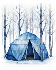 Single object clipart of a sturdy tent surrounded by snow covered trees in a quiet winter forest, rendered in cool blues and whites, portrayed in a charming watercolor style, on white background