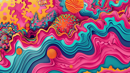 Dynamic shapes intertwining with wavy backgrounds, a vibrant homage to 70s psychedelia.