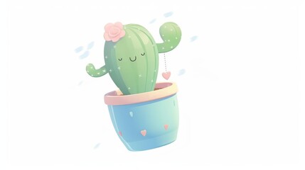 Single object clipart showcasing a playful cactus with smiling features, nestled in a colorful ceramic pot, rendered in vibrant watercolor, isolated on a white backdrop