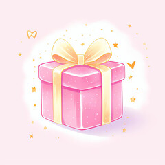 Watercolor illustration of a festive pink gift box with gold trim and a heart charm, as clipart, enhanced by a glowing bokeh effect to create a feeling of celebration