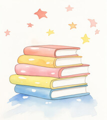 Watercolor illustration of a stack of cute, colorful books, each with playful covers and smiling characters, styled as clipart, isolated on a white background