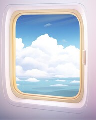 Watercolor illustration of a closeup view of an airplane window, with a panoramic view of the sky filled with fluffy, vibrant clouds