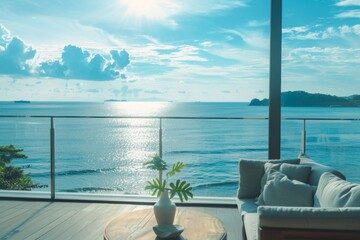 Fototapeta premium From the comfort of the sleek outdoor furniture, residents can soak in the breathtaking sea view that stretches out before them, transforming the terrace into a tranquil oasis of relaxation