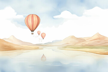 Watercolor illustration of a fantasy scene featuring a cute balloon soaring high above a majestic mountain range, mirrored in the still water below, as clipart, set against a vibrant sky background