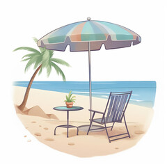 Watercolor illustration of a relaxing beachside scene with a coconut tree, an umbrella, and a chair, overlooking the sea, with a refreshing coconut water on the side, styled as clipart