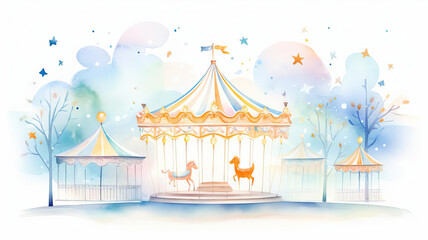 Watercolor illustration of a whimsical carousel with adorable animal figures under glowing lights, as clipart, set against a backdrop of a lively amusement park evening