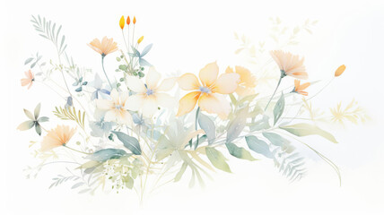 Watercolor illustration of a bouquet of assorted blooming flowers, each type distinctly styled, as clipart, set against a clean white background, perfect for spring and summer themes