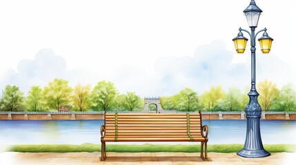 Watercolor illustration of a cozy park setting with a bench under a lamp post, near a paved walkway that leads to a river, as clipart, set against a clean white background