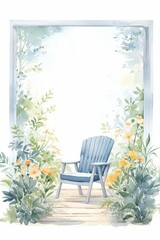 Watercolor illustration of a cozy garden scene viewed from an open window, featuring a quaint chair surrounded by lush flowers, styled as clipart, isolated on a white background