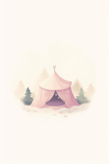 Watercolor illustration of a cozy tent set up in a snowy forest, with gentle snowflakes falling around, styled as clipart, isolated on a white background, capturing a serene winter scene