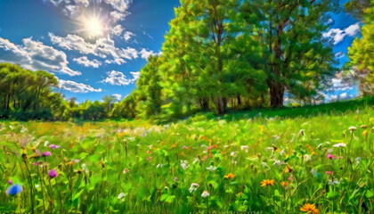 Obraz premium The vibrant green grass stretched out for miles, dotted with colorful wildflowers and patches of clover. 