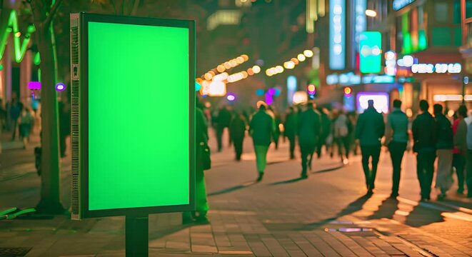 sponsor board in densely populated city center at night people walking around with green sponsor board display, green sponsor board display mockup.