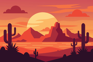 Desert landscape at sunset with cactus and mountain on sunset. Desert Mountain Vector design - obrazy, fototapety, plakaty