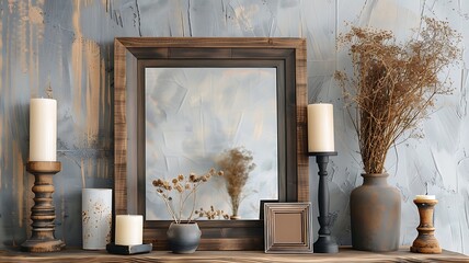 photo frames and candlesticks on wooden table in room