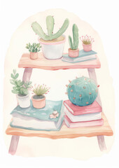 Watercolor illustration of a cute living room scene featuring a bookshelf adorned with various potted plants, styled as clipart, showcasing a cozy and inviting atmosphere, isolated on a white backgrou