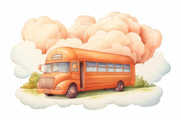 Watercolor illustration of a cute school bus traveling down a scenic road, styled as clipart, with fluffy clouds above and a bright sun in the sky, isolated on a white background