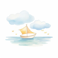 Watercolor illustration of a cute boat sailing on the ocean, styled as clipart, with playful birds in the sky and a backdrop of fluffy clouds, isolated on a white background