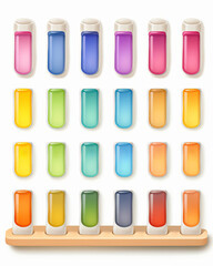 Watercolor illustration of a test tube rack with cute, cartoonish test tubes, each sporting different expressions, as clipart, set against a clean white background, perfect for educational themes