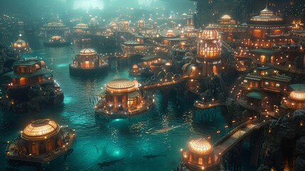 Underwater city bathed in neon lights, merfolk and technology in harmony
