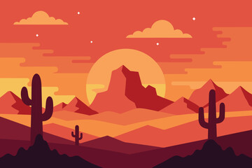 Obraz premium Desert landscape at sunset with cactus and mountain on sunset. Desert Mountain Vector design