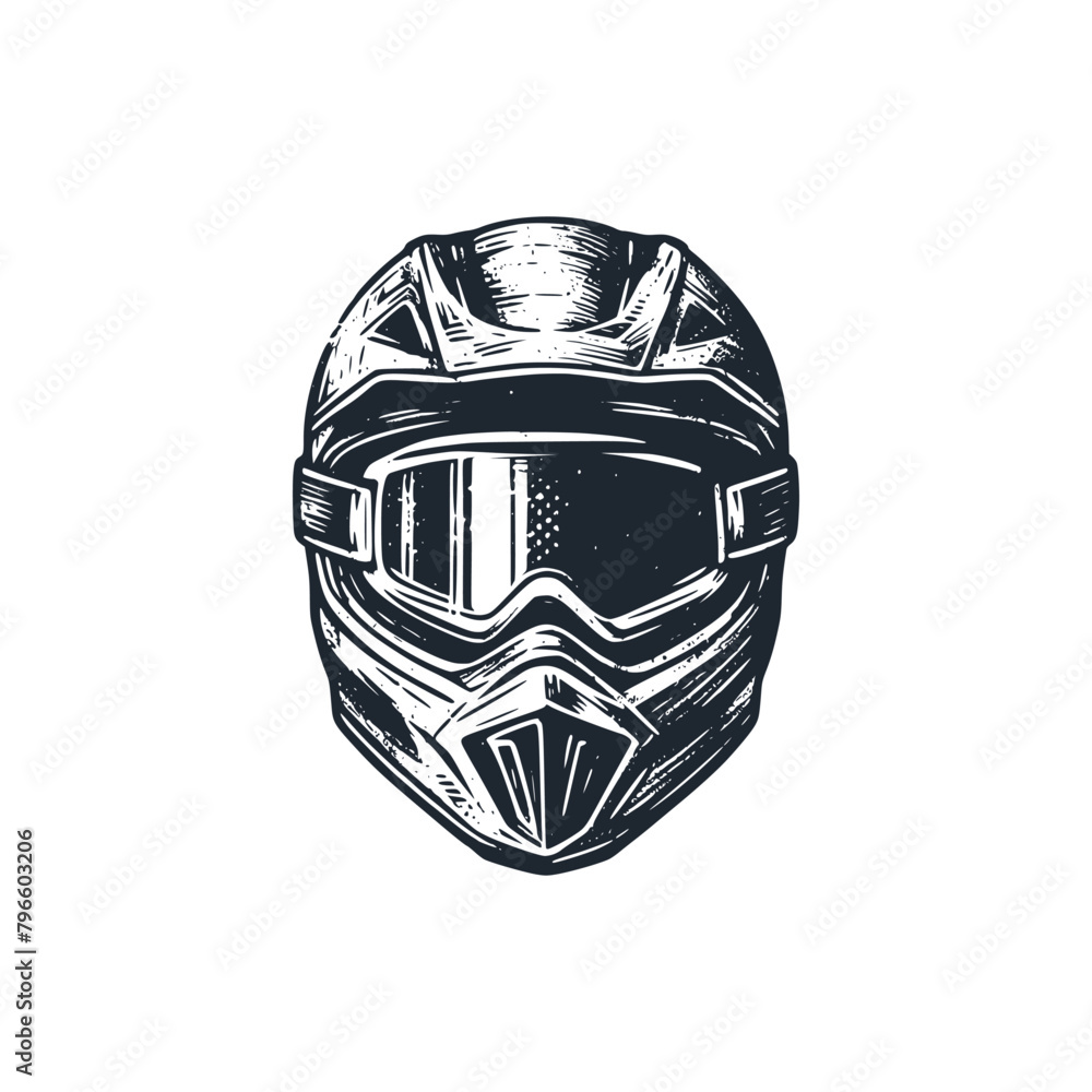 Sticker The motocross helmet. Black white vector illustration.