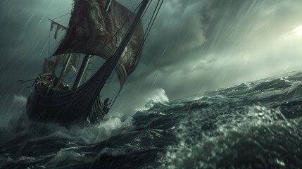 A dramatic scene of a medieval ship braving a stormy sea under dark skies and heavy rain.