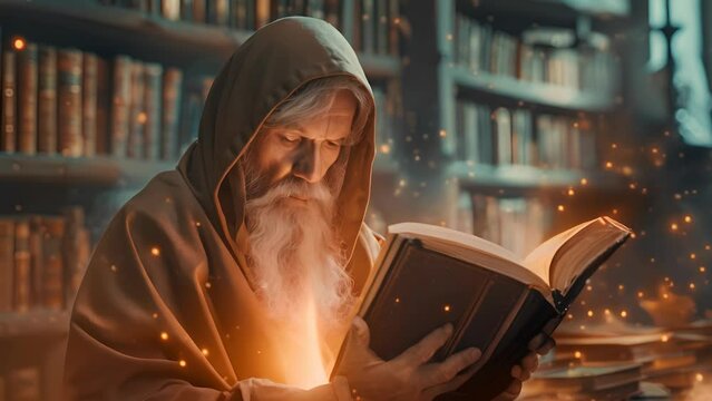 A man with a long beard is reading a book in a library. The scene is set in a fantasy world with a lot of books and fire. The man is wearing a hooded cloak and he is a wizard or a sorcerer