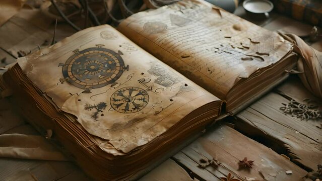 An old book with a map on the front page. The book is open to a page with a circle on it