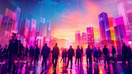 A cityscape with a sunset in the background and a large group of people walking around. Scene is lively and bustling, with the people going about their day in the city - Powered by Adobe