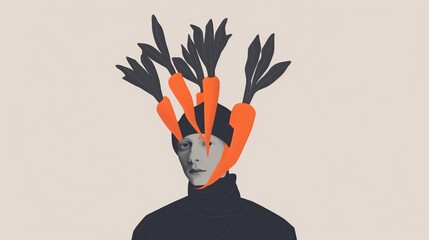 Surreal portrait of a person with carrots as fingers and leaves protruding from the head.