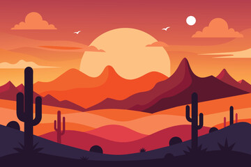 Fototapeta na wymiar Desert landscape at sunset with cactus and mountain on sunset. Desert Mountain Vector design