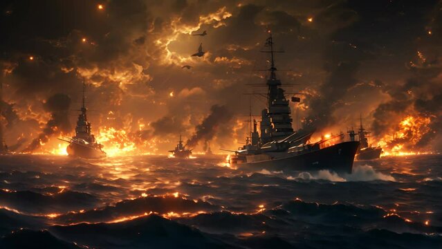 A painting of a battle between two ships with one of them being a battleship. The other ship is smaller and is being attacked by the battleship. The sky is dark and cloudy