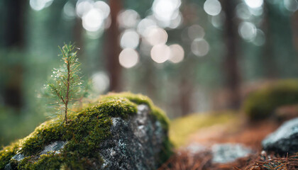 Close-up of stone covered with green moss in woodland. Beautiful forest. - obrazy, fototapety, plakaty