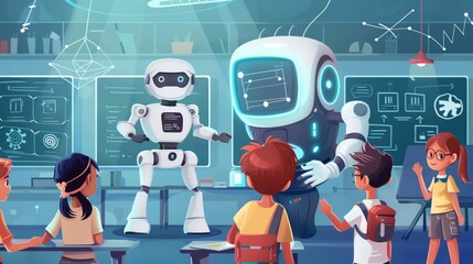 Colorful illustration of children interacting with friendly robots in a futuristic classroom setting.