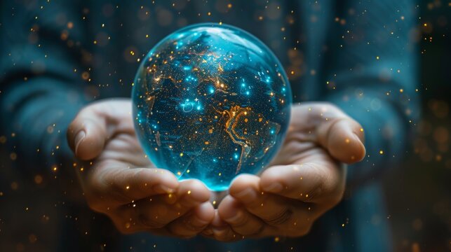 A concept of managing things via the Internet. The human hand holds the globe on its finger.
