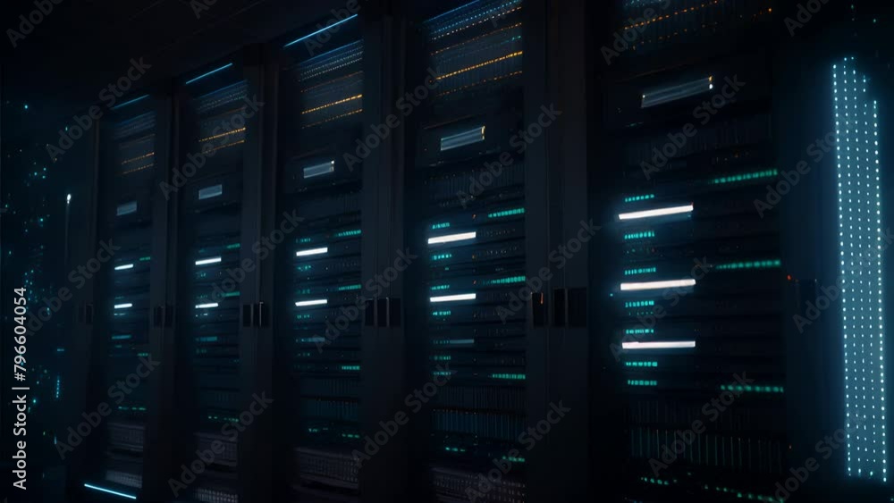 Poster high-tech data center server room illuminated by blue led lights, symbolizing advanced network infra