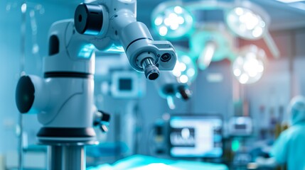 Advanced surgical microscope in a high-tech operating room with medical staff in the background.