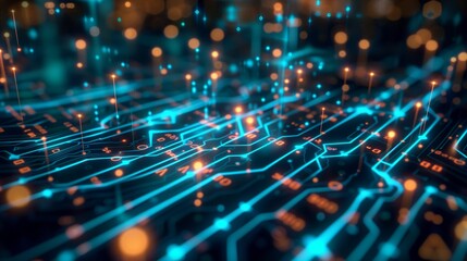 Close-up of an illuminated digital circuit board with glowing nodes and connections