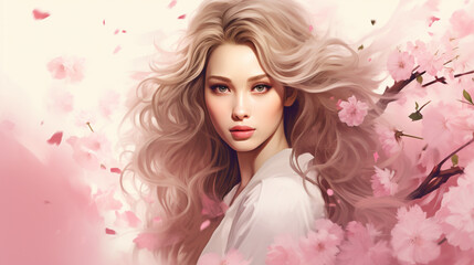 Captivating woman with wavy long hair fashion illustration. Beautiful girl in bright colors.