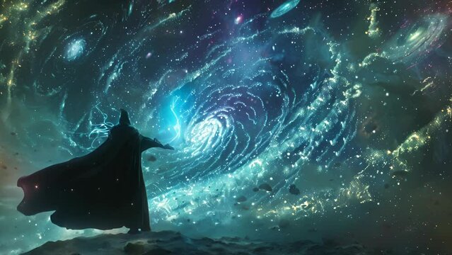 A wizard is casting a spell in a blue and green space with a spiral galaxy in the background