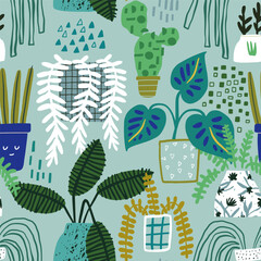Seamless botanical pattern with plats in pots. Cartoon floral on mint texture. Vector illustration.