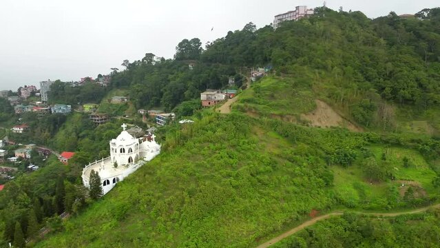 Aerial view of kv paradise in aizawl the capital city of mizoram, this architectural establishment gives an amazing view of hills and the green mizoram in north-east India