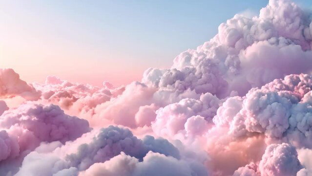 A fluffy pink cloud filled sky with a pink and blue background. The sky is filled with clouds and the colors are very bright and cheerful