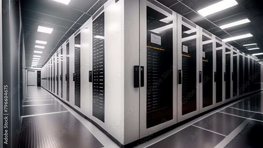 Poster monochrome perspective of data center server racks with indicator lights in a clean and modern envir