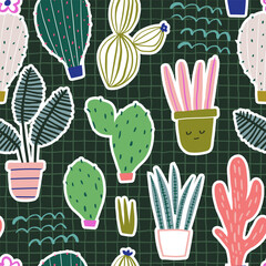 Seamless pattern with cartoon cactuses and plants in pots. Perfect for fabric,textile. Creative Vector background.