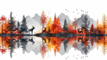 Abstract autumn landscape with animals, hills, mountains, lakes, rivers and lakes. Editable modern illustration.