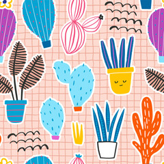 Seamless pattern with cartoon cactuses and plants in pots. Perfect for fabric,textile. Creative Vector background.