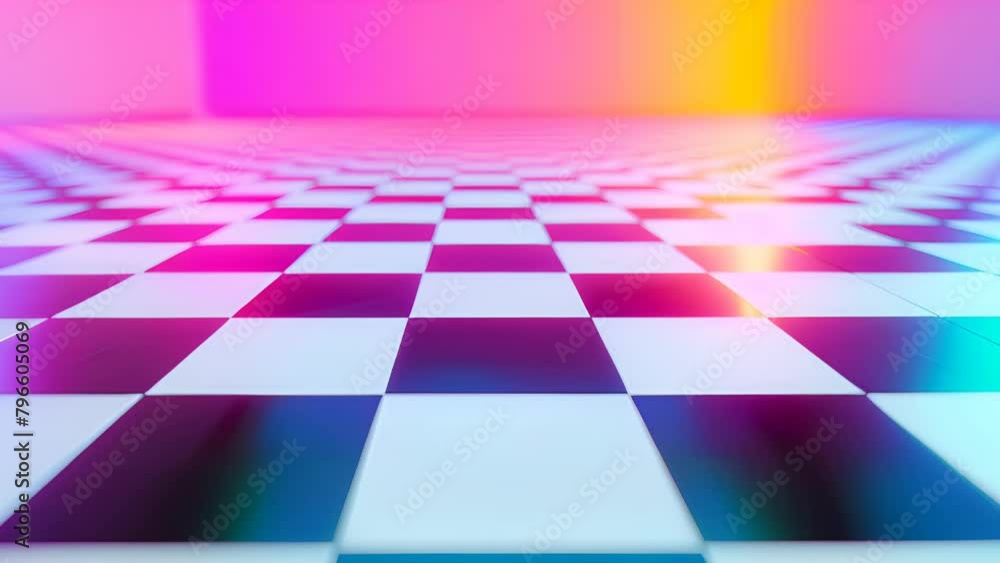 Poster a checkered floor with a rainbow of colors. the checkered pattern is bright and bold, creating a fun