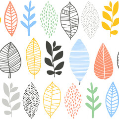 Seamless pattern with hand drawn outline leaves, plants. Botanical abstract texture in minimalistic style. Vector background.